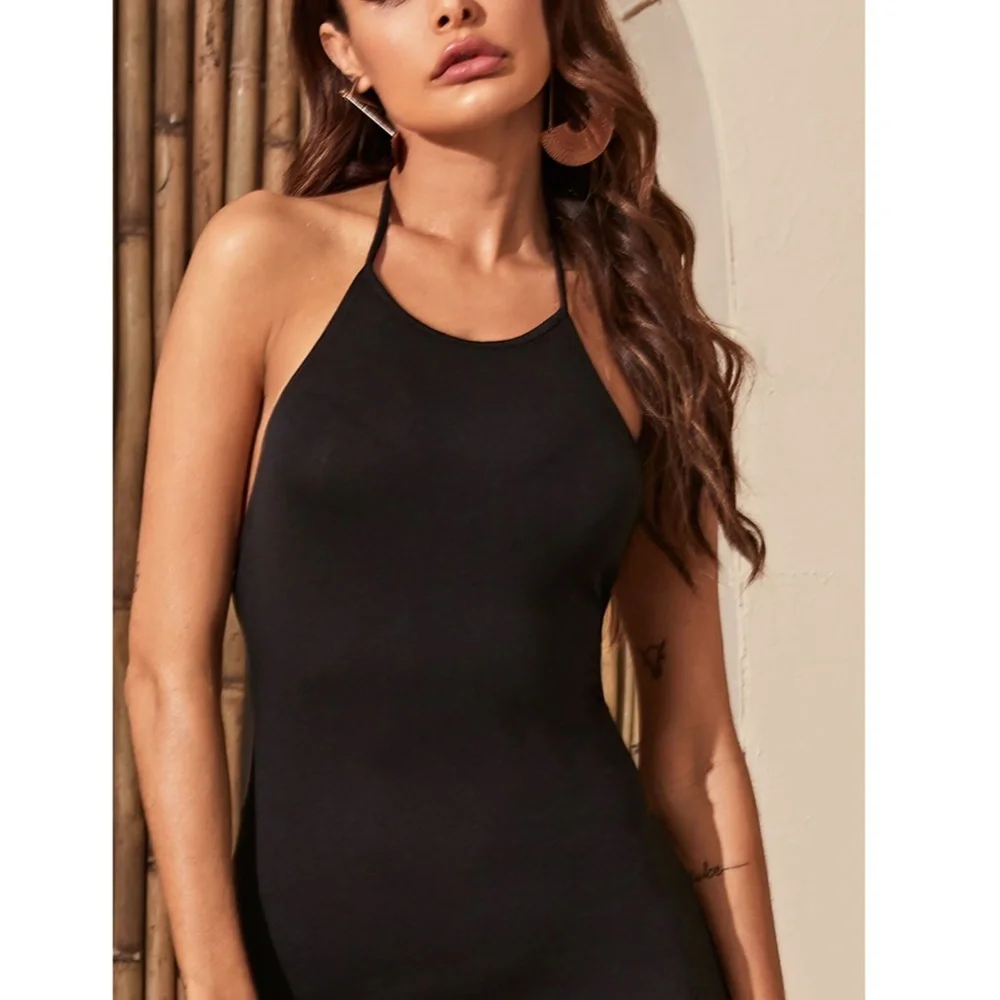 Open Back Black Maxi High Slit Dress - Picture 5 of 8